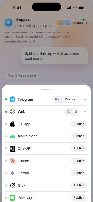 @appss mobile app with the publish sheet open