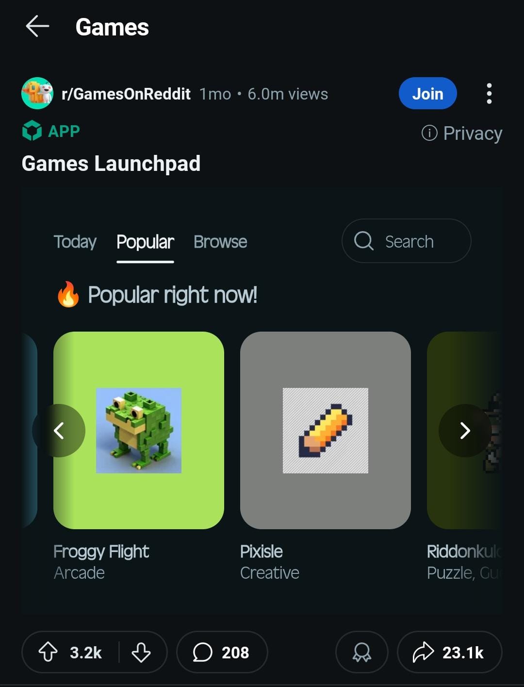 The real Reddit Games Feed: r/GamesOnReddit's Games Launchpad, 'Popular right now', showing Froggy Flight, Pixisle and Riddonkulous, with 6.0m views on the feed