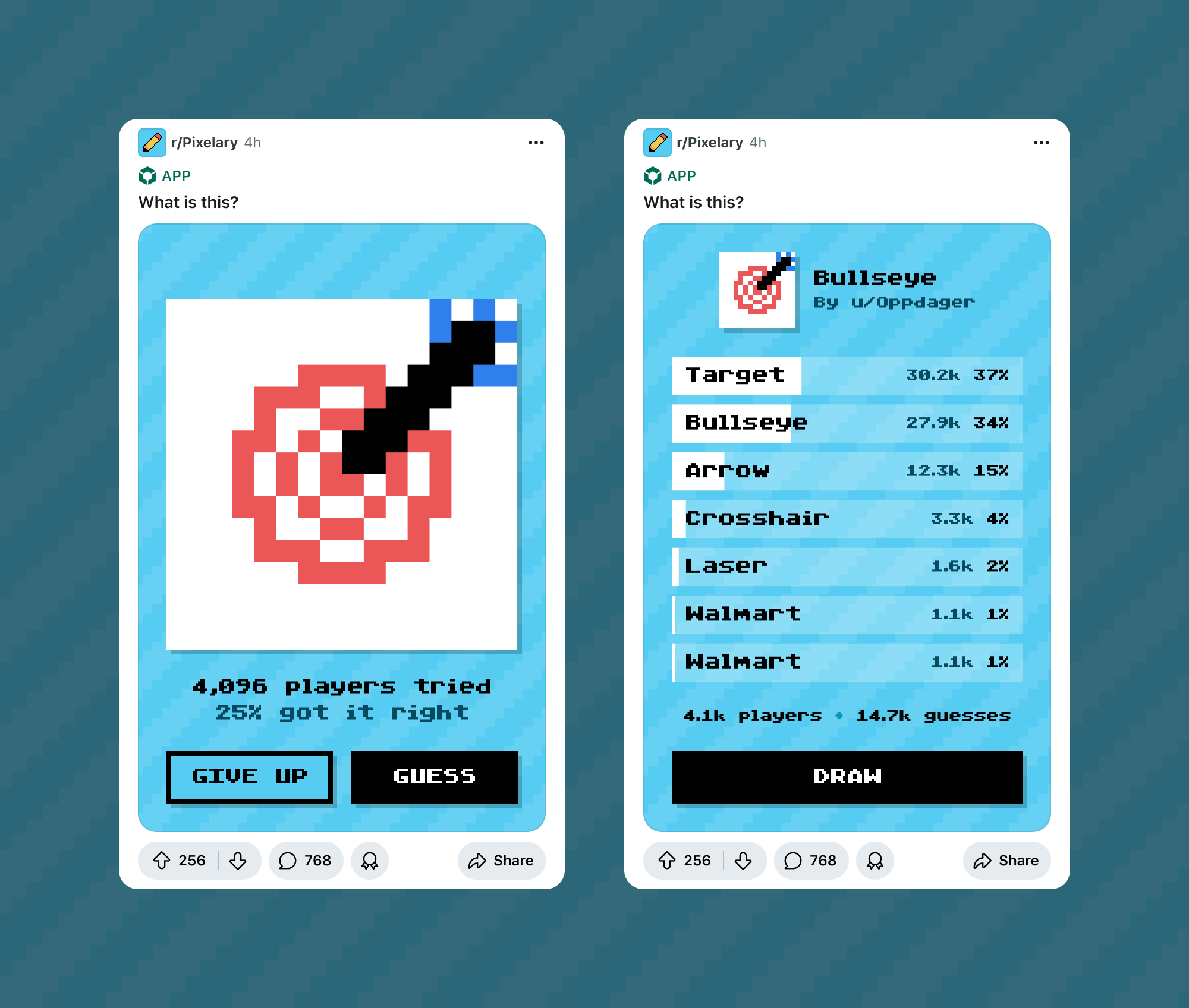 Pixelary running inline as an interactive post in r/Pixelary: a drawing to guess, live guess results, upvotes and comments