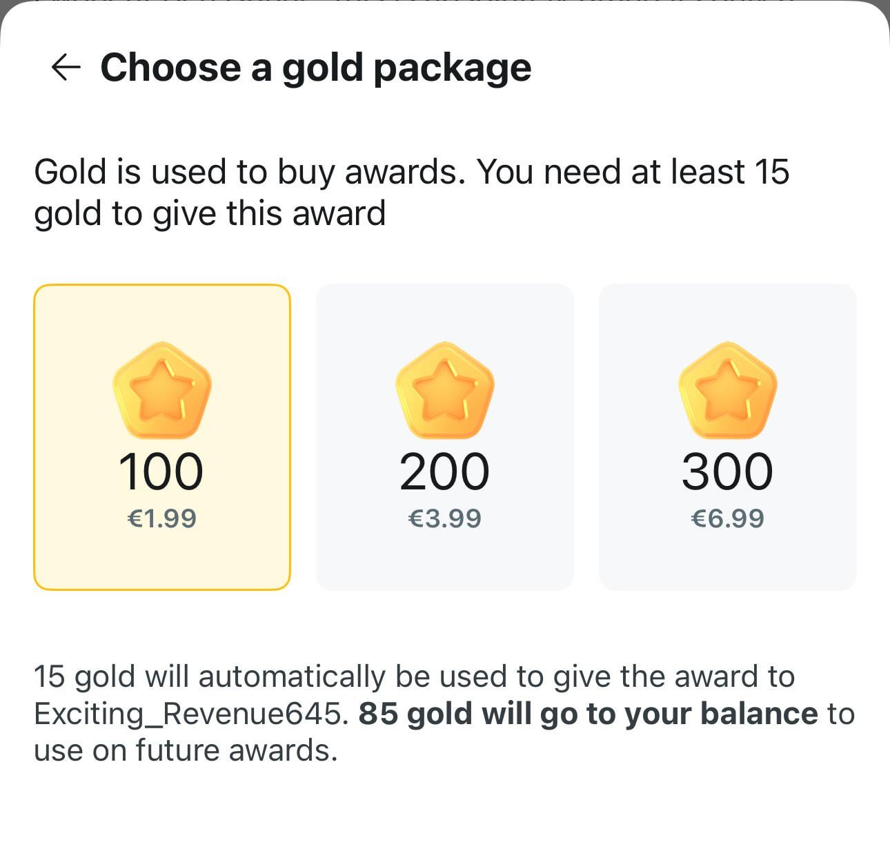 Reddit's 'Choose a gold package' screen inside the give-an-award flow: 100, 200 and 300 gold packs priced in euros, with a note that 15 gold will be used to give the award and the rest added to the balance