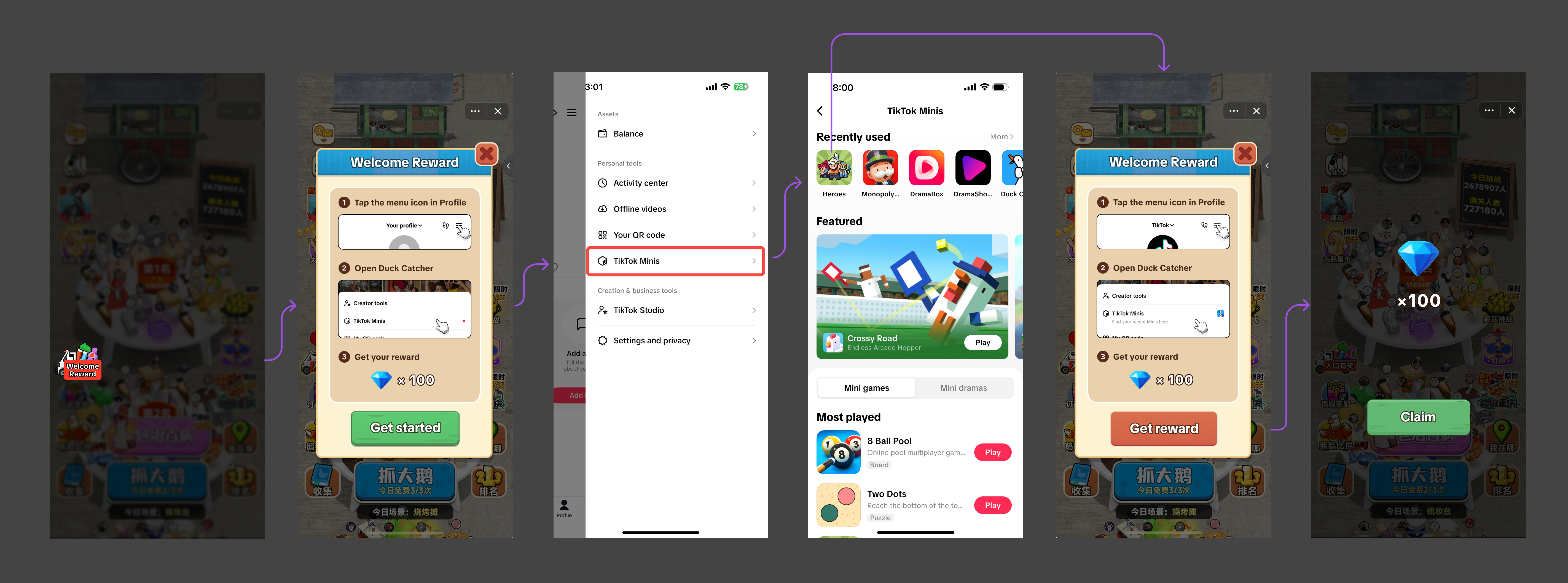 Tapping the profile menu, selecting TikTok Minis, and arriving at the Minis Center