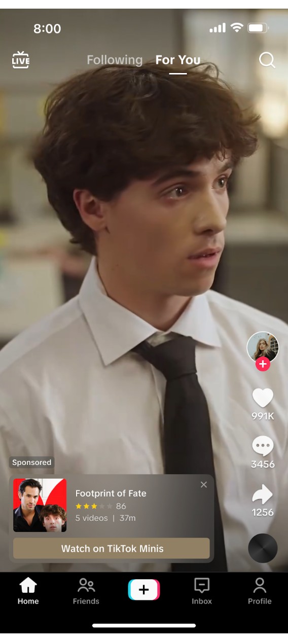 A short video in the For You feed with a 'Watch on TikTok Minis' button under it