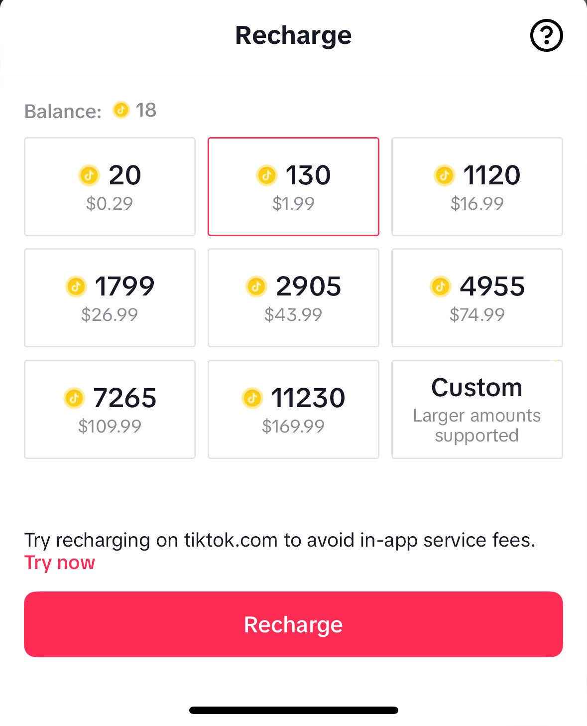 TikTok Coins recharge screen with a note to recharge on tiktok.com to avoid in-app service fees